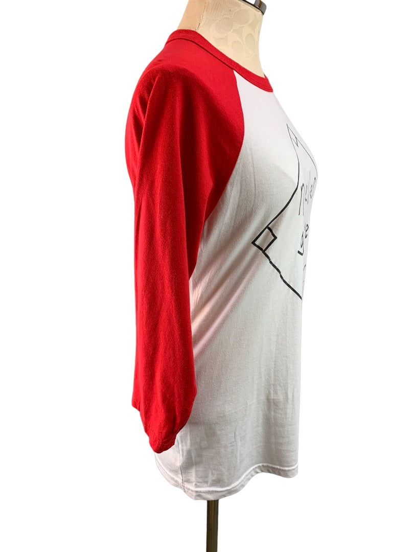 Medium "Never Give Up" Women's Red White Raglan Baseball Style Jersey Tshirt