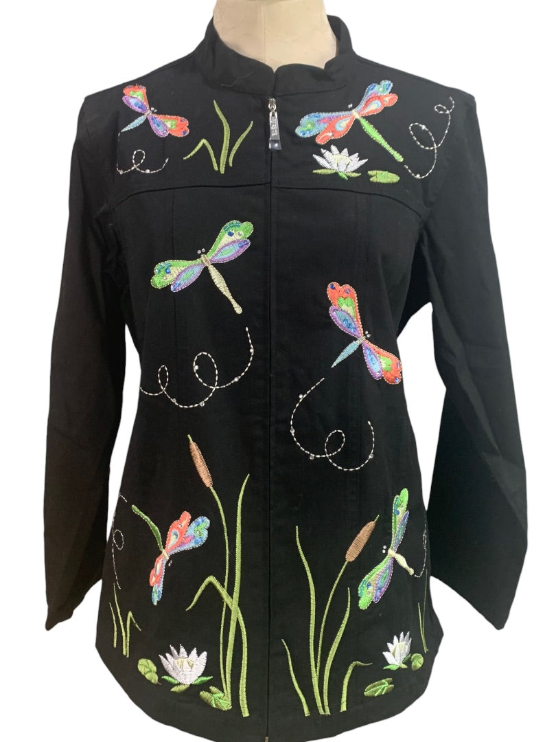 Medium Quacker Factory Women's New Embroided Dragonfly Full Zip Lightweight Jacket