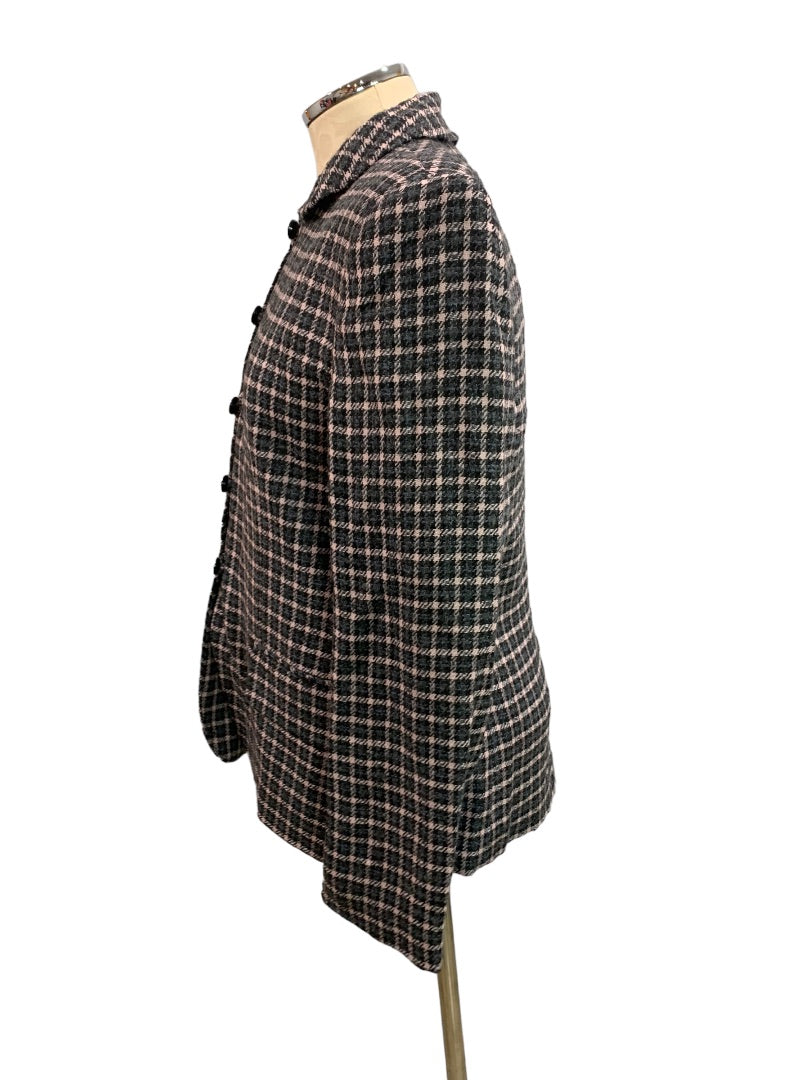 Size 10 Jones Wear Women's Black Pink Plaid Wool Blend Blazer 1990s Vintage