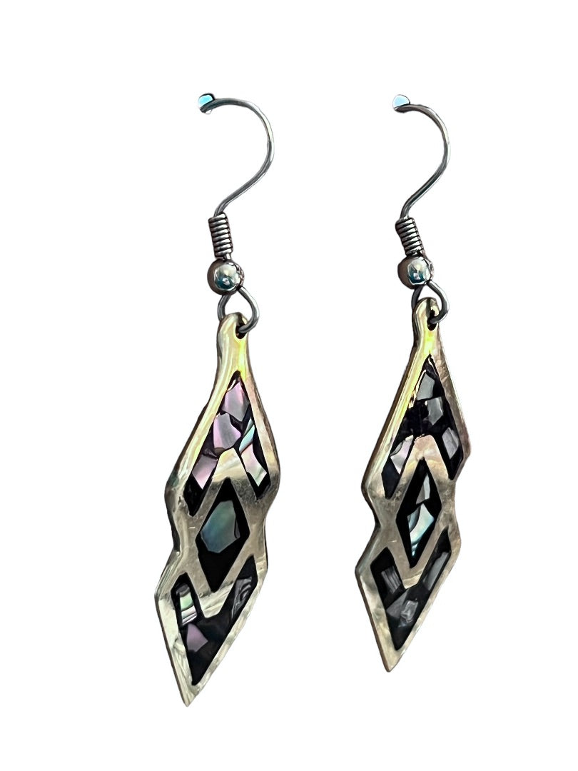 Silver Onyx & Abalone Inlay Drop Earrings 925 Silver