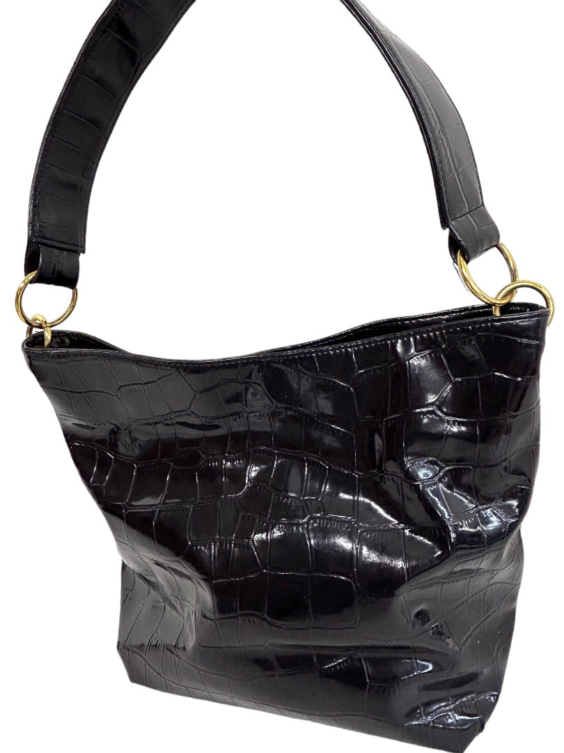 Embossed Croc Black Vegan Patent Shoulderbag Hobo Style Unbranded