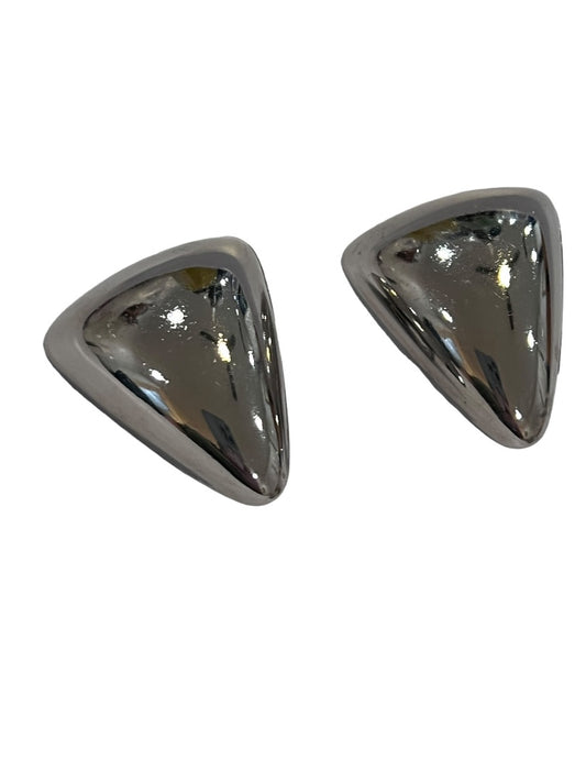 Silver Tone Clip On Earrings Large Doned Triangle Hollow 1 5/8" tall and 1 2/8" wide