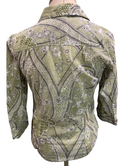 Size 6 Ann Taylor Women's Fitted Green Paisley Button Up Shirt 3/4 Sleeve