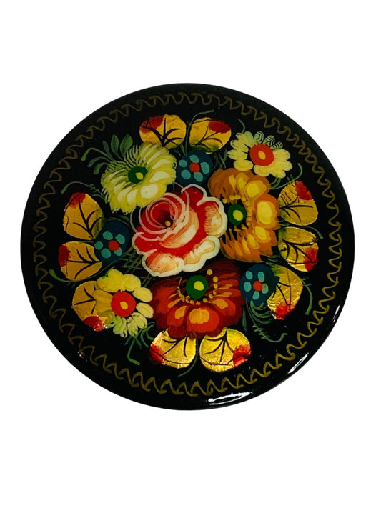 Signed Vintage Russian Lacquer Brooch Pin Hand-painted Flowers 2" Diameter