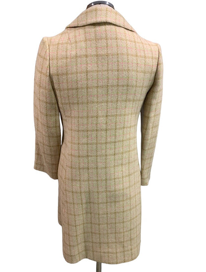 Small Vintage 1960s Cream Plaid Pink Green Overcoat Union Label Double Breasted