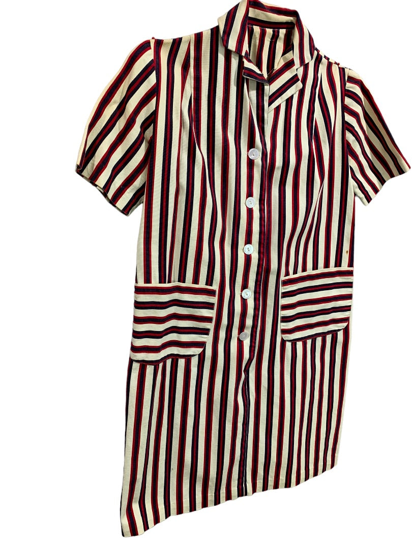 Vintage 1960s Women's Striped Shirt Dress Pockets Belt Red Blue Cream Stains