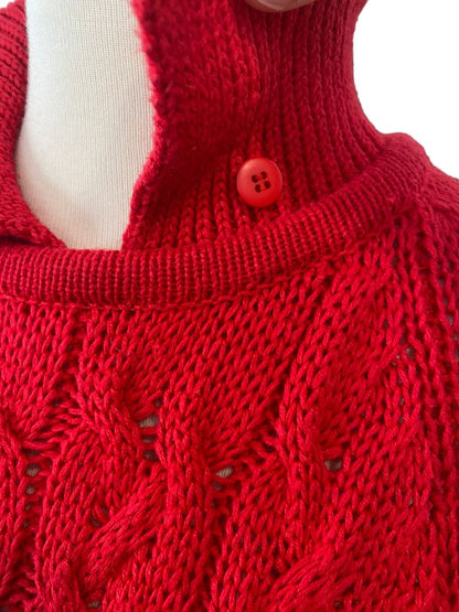 Large Illustrations Red Cable Knit Collared Vintage Sweater