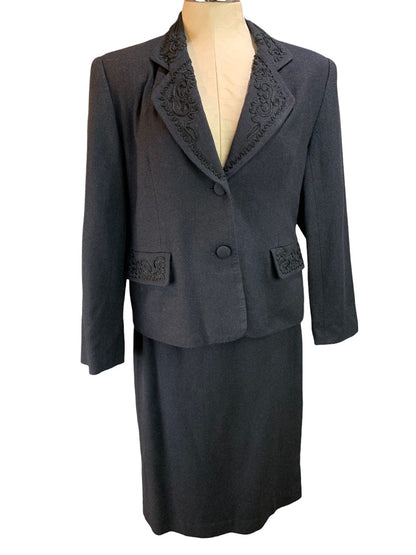 8 Focus 2000 Vintage Y2K Women's Black 2 Piece Skirt Suit Silk Wool Blend