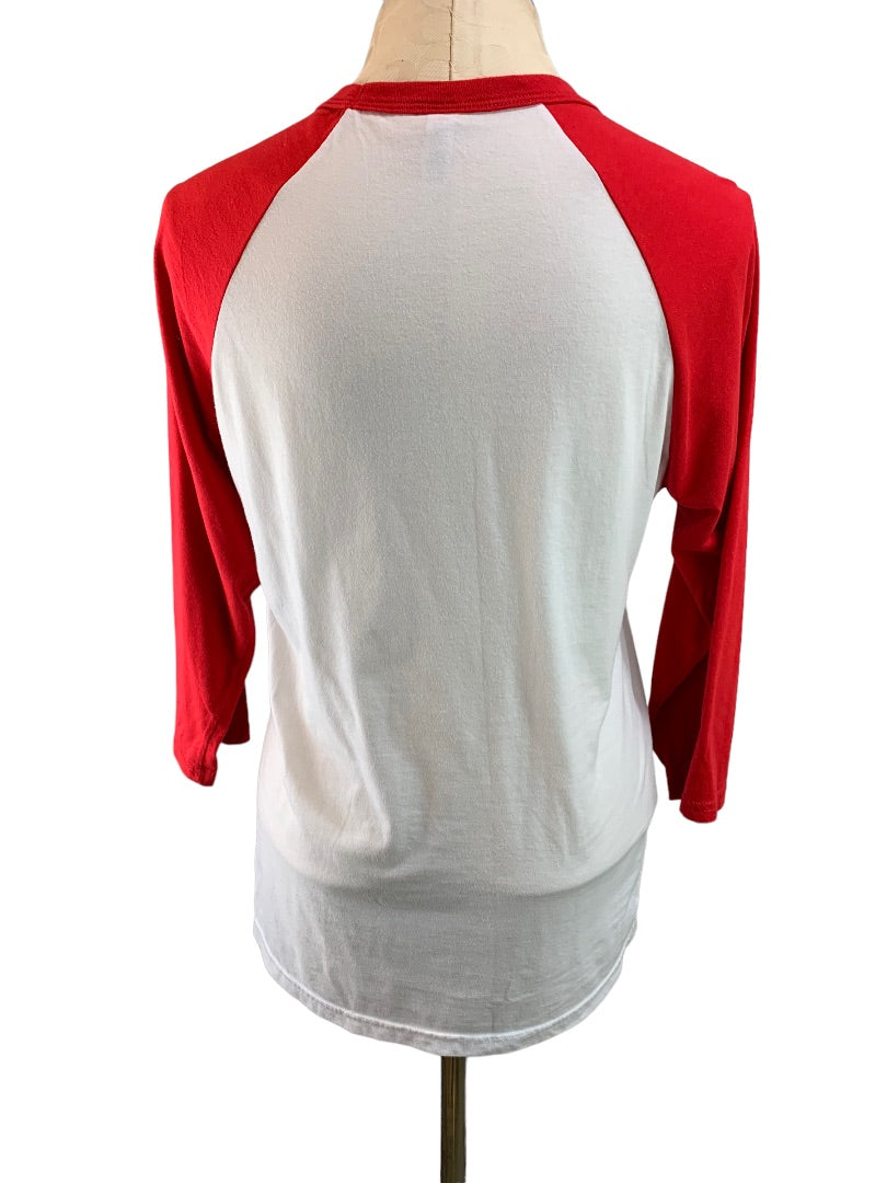 Medium "Never Give Up" Women's Red White Raglan Baseball Style Jersey Tshirt