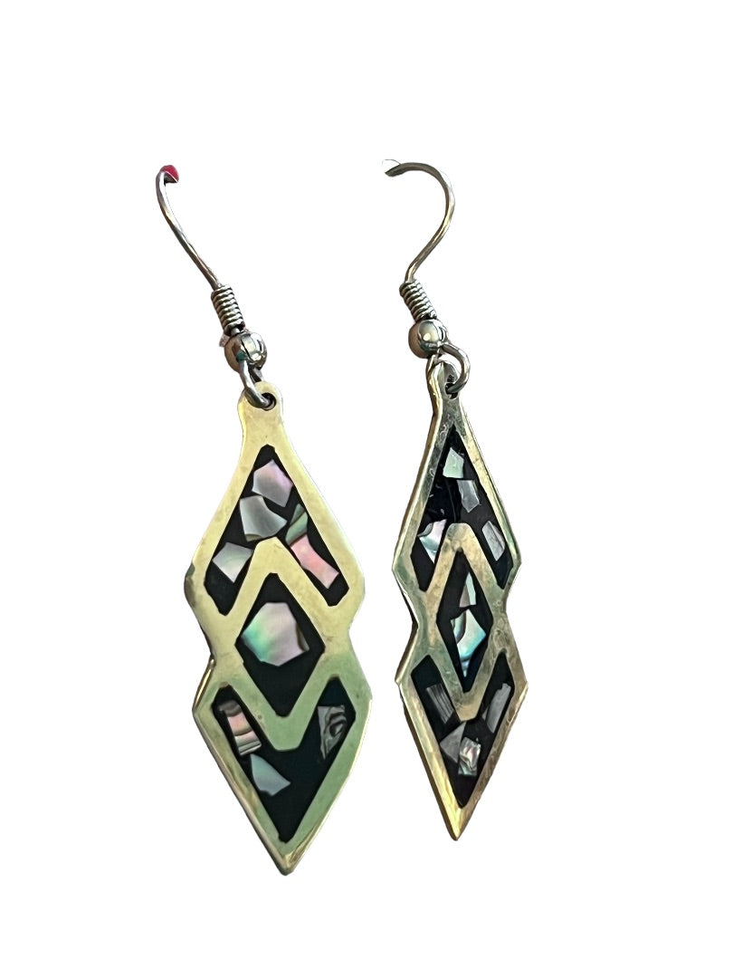 Silver Onyx & Abalone Inlay Drop Earrings 925 Silver