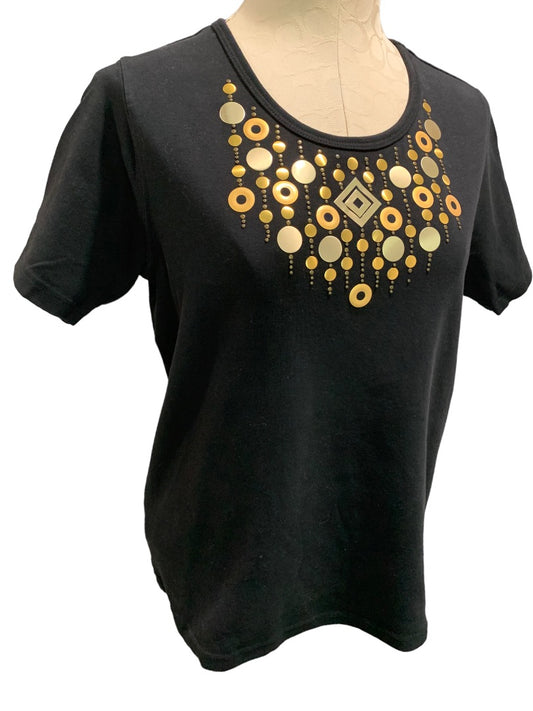 Large Exquisite Designs Women's Black Gold Embellished Tshirt 1990s Vintage