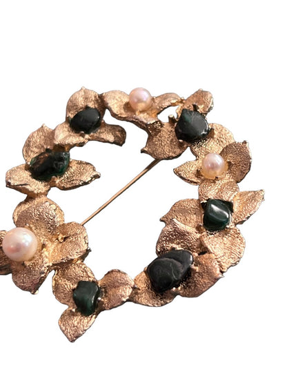 Vintage Swoboda Jade and Real Pearl Floral Wreath Brooch Pin