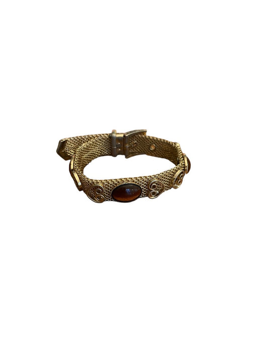 Goldtone Mesh Buckle Bracelet Simulated Tigers Eye Adjustable to 7.5"