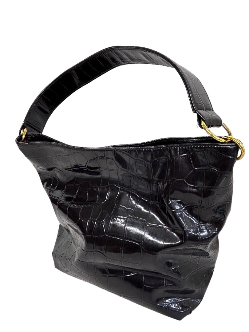 Embossed Croc Black Vegan Patent Shoulderbag Hobo Style Unbranded