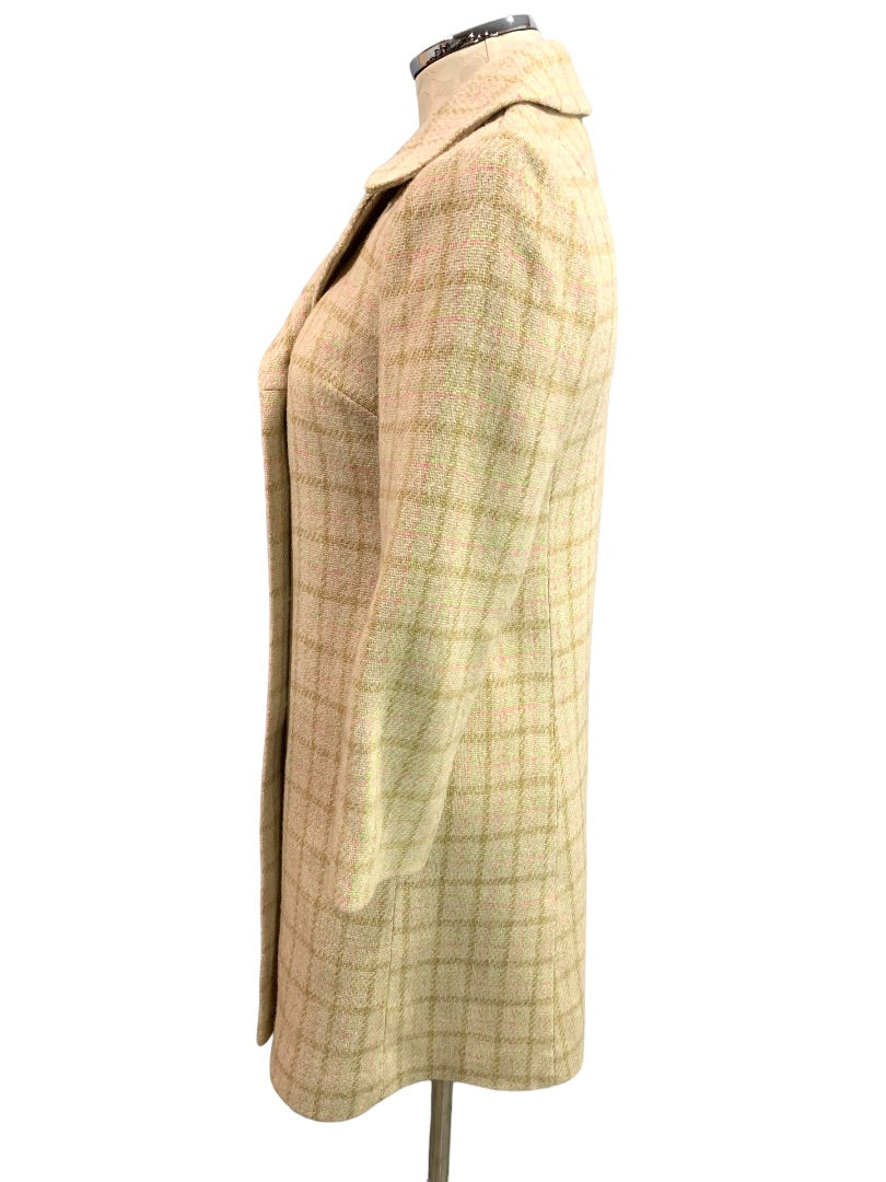 Small Vintage 1960s Cream Plaid Pink Green Overcoat Union Label Double Breasted