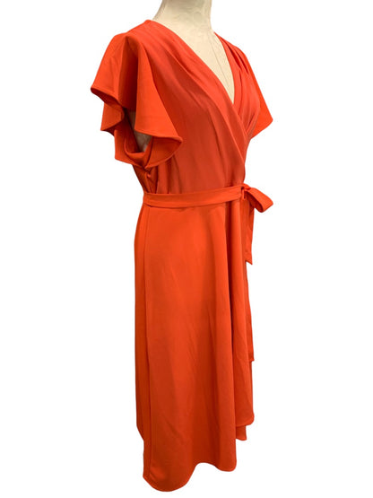 Size 16 DKNY New Wrap Style Orange Ruffle Sleeve Dress Knee Length