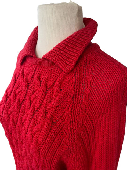 Large Illustrations Red Cable Knit Collared Vintage Sweater