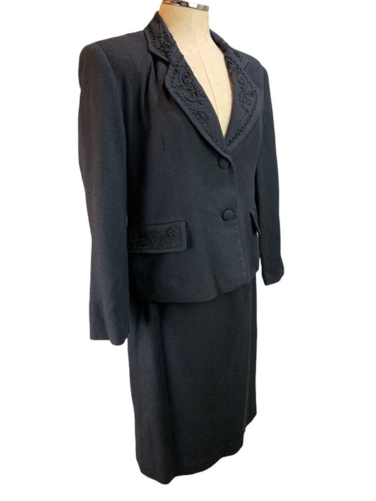 8 Focus 2000 Vintage Y2K Women's Black 2 Piece Skirt Suit Silk Wool Blend