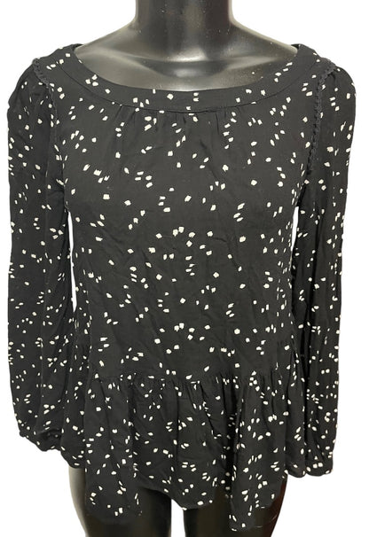 XXS Anthropologie Maeve Scoop Neck Long Sleeve Womens Top Black Polka Dots