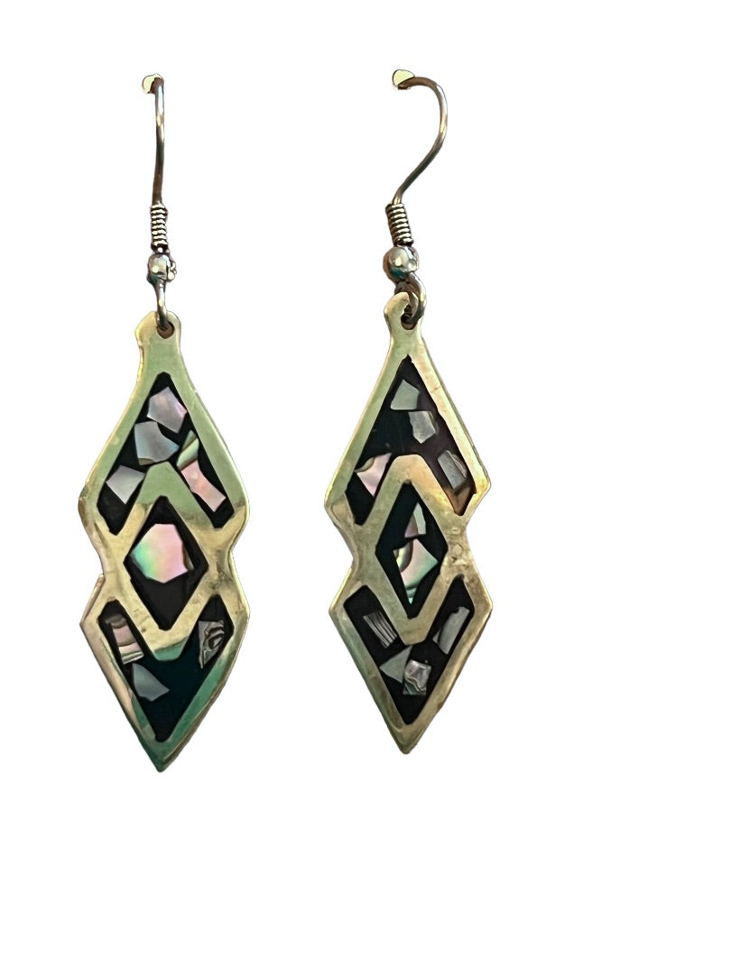 Silver Onyx & Abalone Inlay Drop Earrings 925 Silver