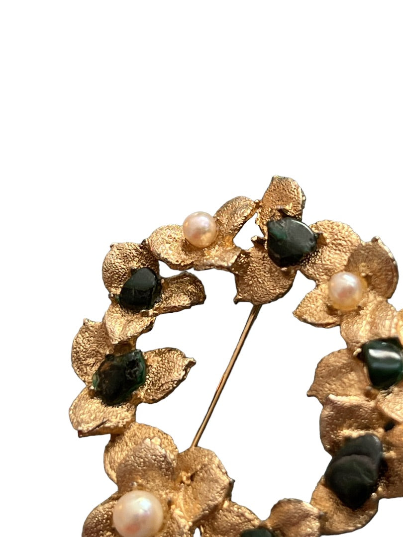 Vintage Swoboda Jade and Real Pearl Floral Wreath Brooch Pin