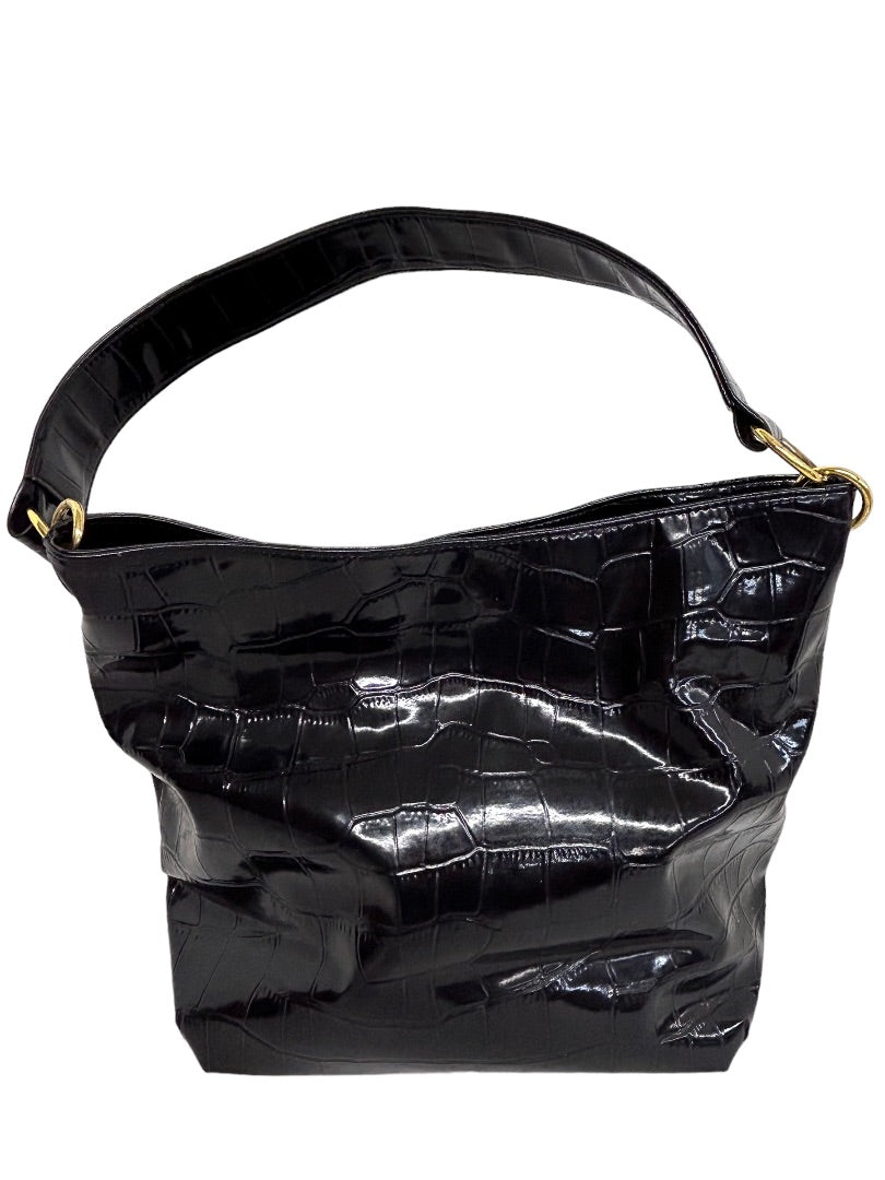 Embossed Croc Black Vegan Patent Shoulderbag Hobo Style Unbranded