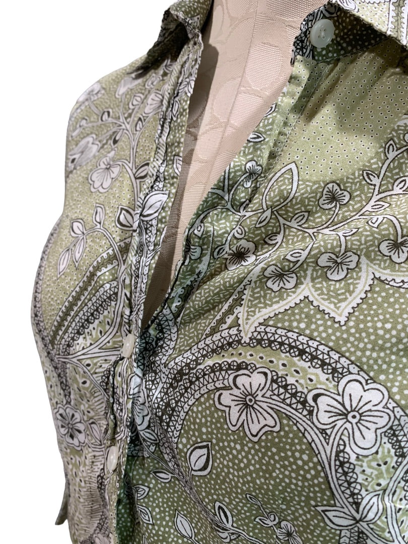 Size 6 Ann Taylor Women's Fitted Green Paisley Button Up Shirt 3/4 Sleeve