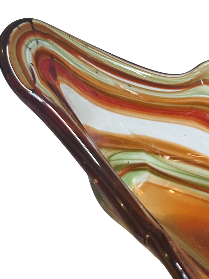 Vintage Hand Blown Glass Swan Planter Bowl Orange Brown Clear Swirl