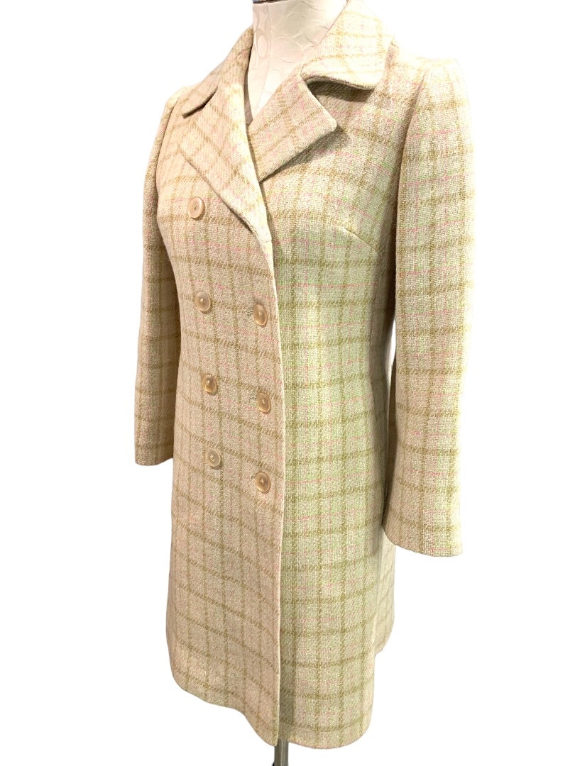 Small Vintage 1960s Cream Plaid Pink Green Overcoat Union Label Double Breasted