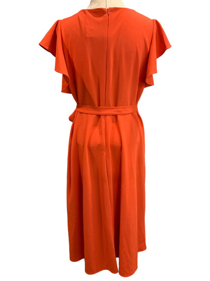 Size 16 DKNY New Wrap Style Orange Ruffle Sleeve Dress Knee Length