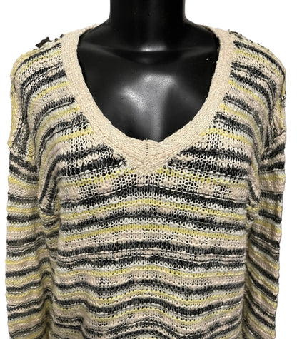 Medium Vintage Havana Loose Knit Yellow Gray Striped Sweater V-Neck