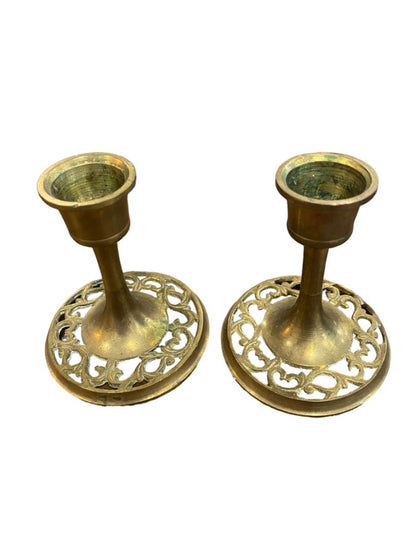 Vintage Filagree Brass Candle Holders Candlestick Set 3.25" Tall