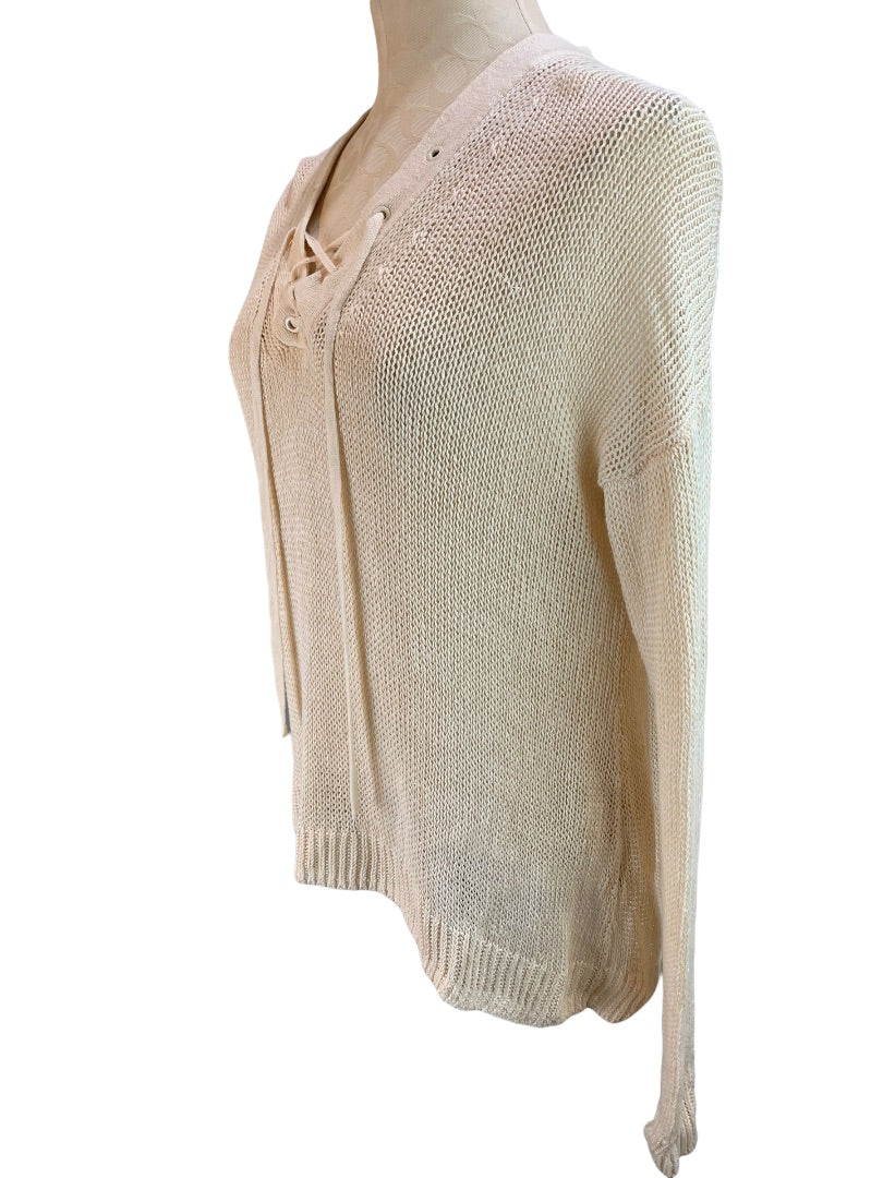 Small J.Crew Women's  Loose Knit Linen Sweater Lace Up Neckline Ivory