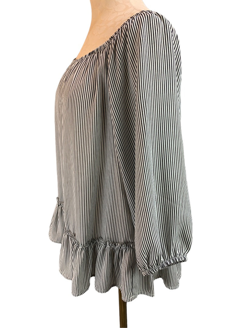 Small Bailey 44 Women's Off the Shoulder Flowy Ruffle Hem Blouse Striped