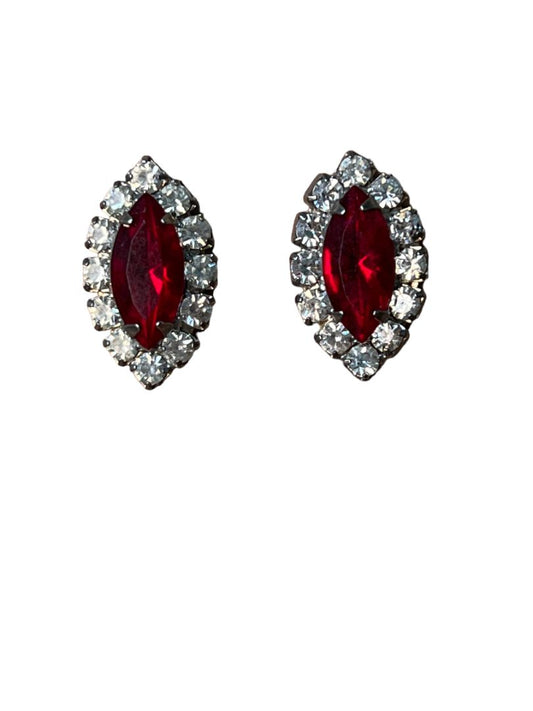 Vintage Red Clear Rhinestone Formal Evening Stud Earrings