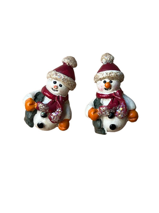 Vintage Snowman Earrings Painted Plus Glitter Resin Post Pierced