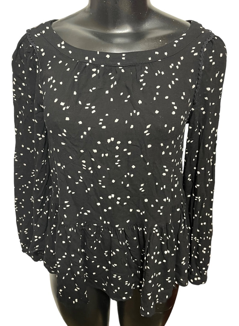 XXS Anthropologie Maeve Scoop Neck Long Sleeve Womens Top Black Polka Dots