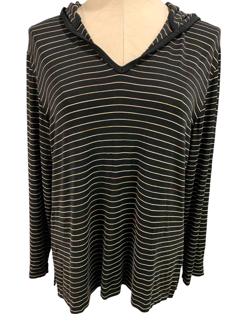 Medium Chico's Travelers Black Striped Pullover Hooded Top Travel Knit