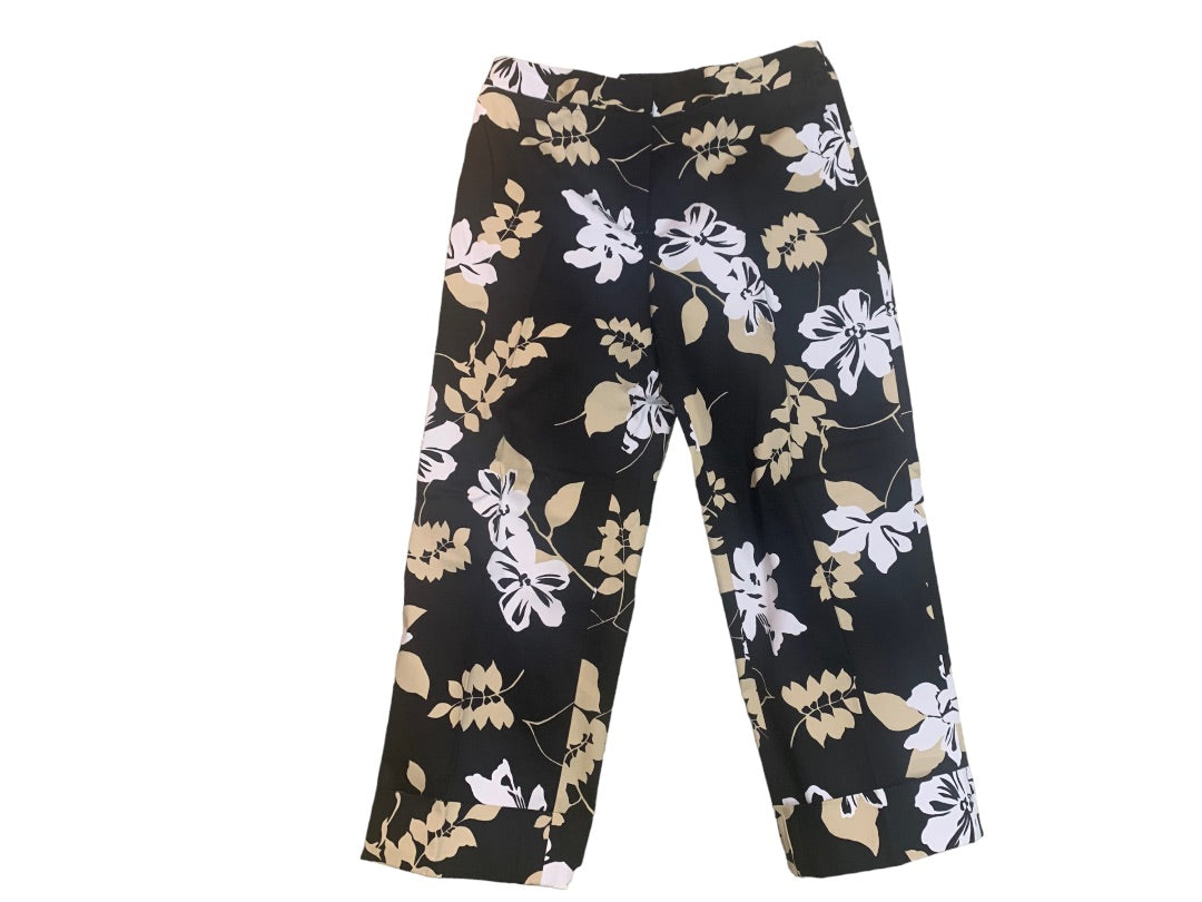 Size 8 Rafaella Women's Crop Pants Black Floral Leaf Print  23" Inseam Cuffed