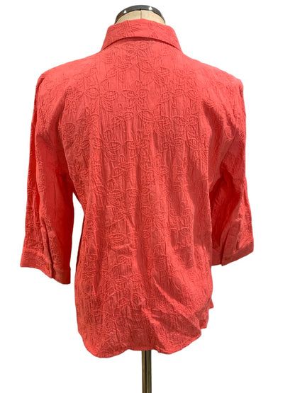 Medium Petite Women's Casual Coral 3/4 Sleeve Embroidered Button Up Blouse