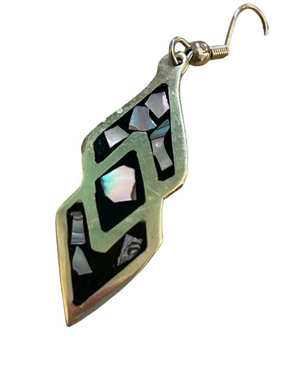 Silver Onyx & Abalone Inlay Drop Earrings 925 Silver