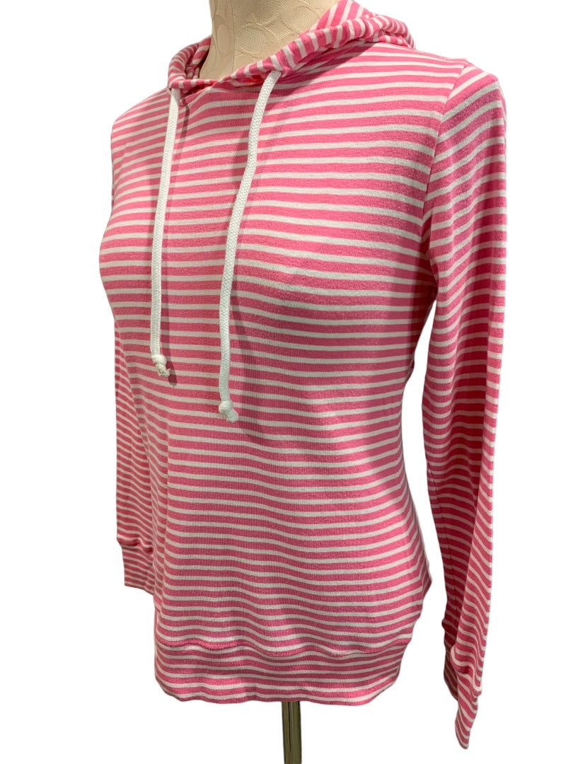 Small 1901 Women's Lightweight Pink White Striped Pullover Hoodie Soft Cotton Modal