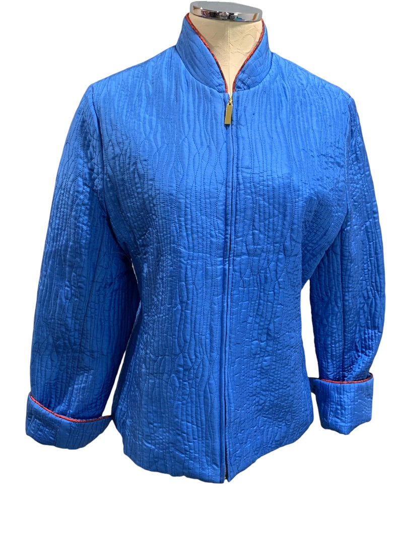 Large Carol Little Women's Blue Quited Silk Full Zip Jacket