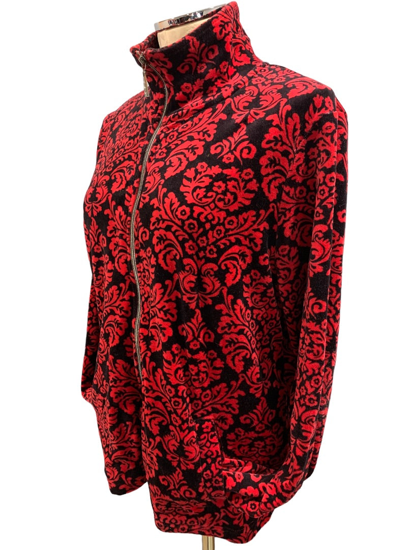 Large Onque Casuals New Women's Y2K Velour Zip Up Jacket Red Black Ornate Pattern