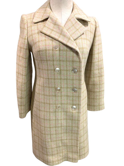 Small Vintage 1960s Cream Plaid Pink Green Overcoat Union Label Double Breasted