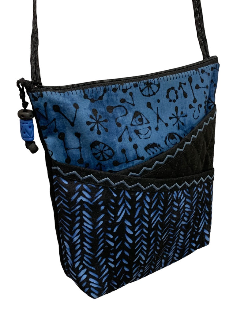 Crossbody Purse Bag Blue Black Boho Print Exterior and Interior Pockets