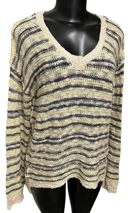 Medium Vintage Havana Loose Knit Yellow Gray Striped Sweater V-Neck