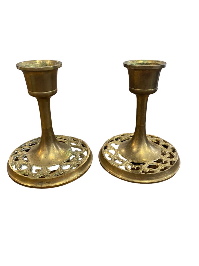 Vintage Filagree Brass Candle Holders Candlestick Set 3.25" Tall