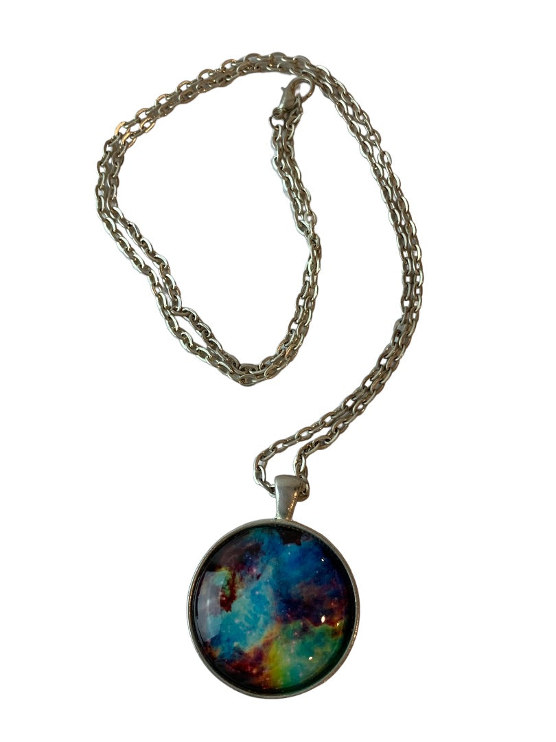 Silvertone Pendant Necklace Galaxy Pattern 24" Chain 1.25" Pendant