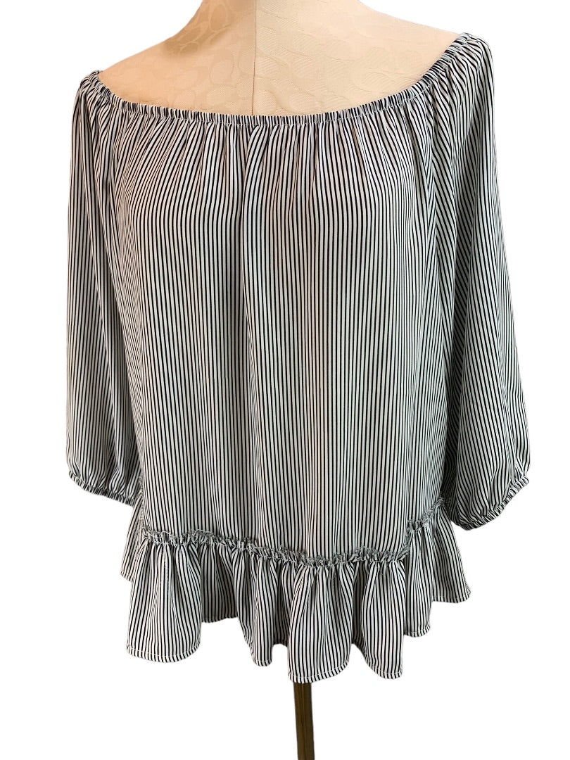 Small Bailey 44 Women's Off the Shoulder Flowy Ruffle Hem Blouse Striped